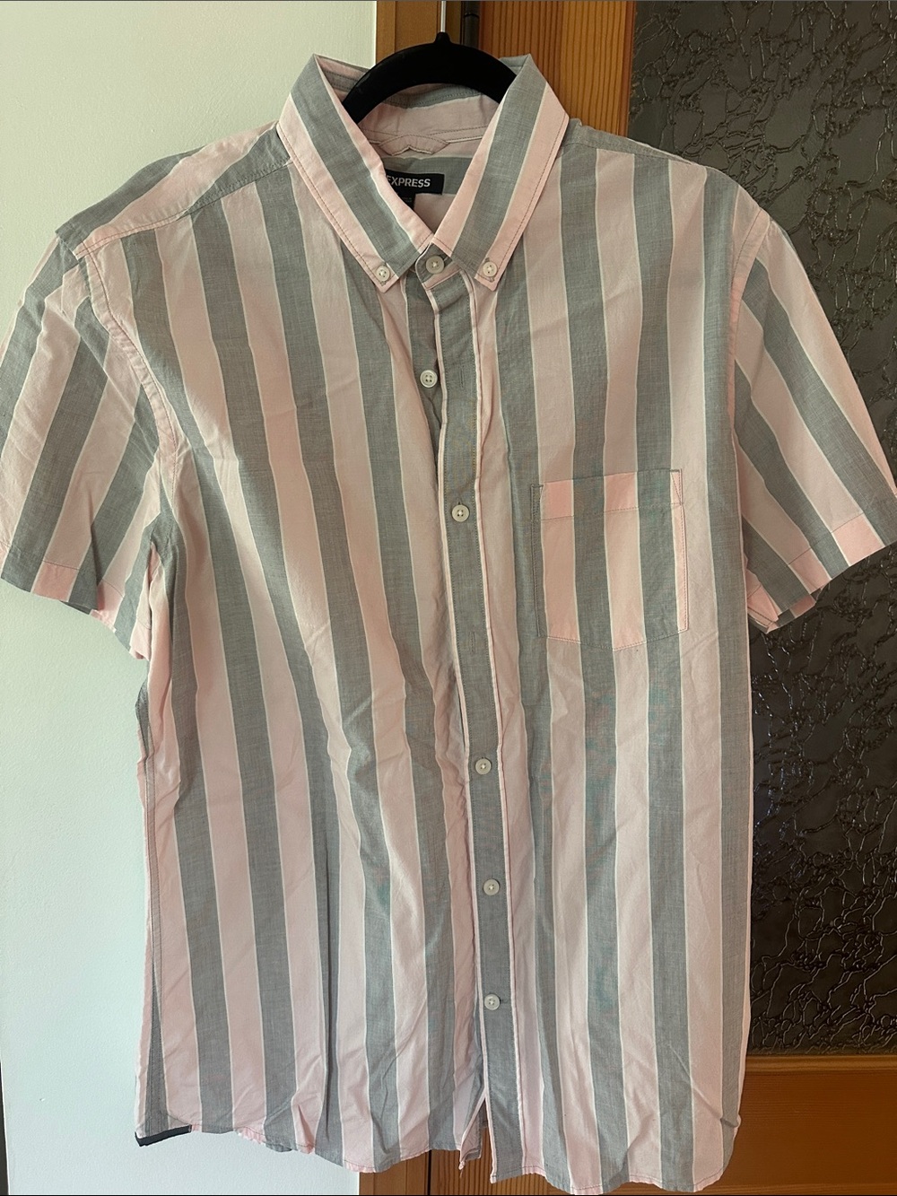 Express Men’s Pink and Gray Vertical Stripe Short-Sleeve Shirt
